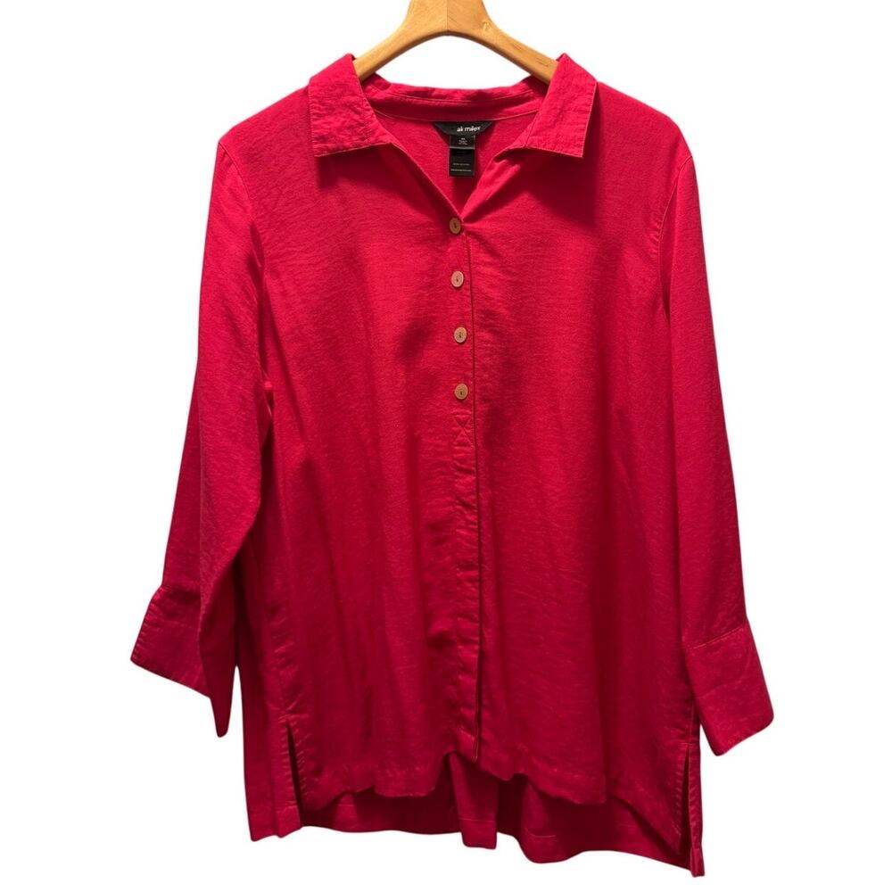 All Miles Women's Pink Button Up Tunic Blouse High Low Long Sleeve Top Size XL